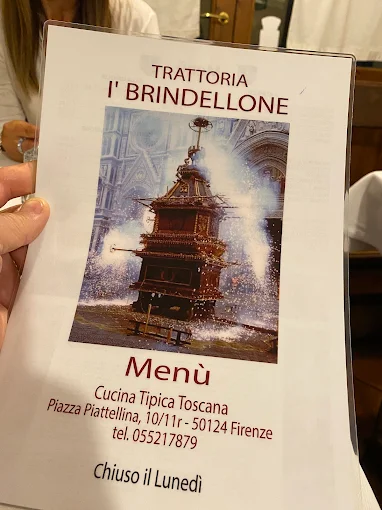La copertina del menù con il Brindellone, il carro dello Scoppio del Carro di Firenze